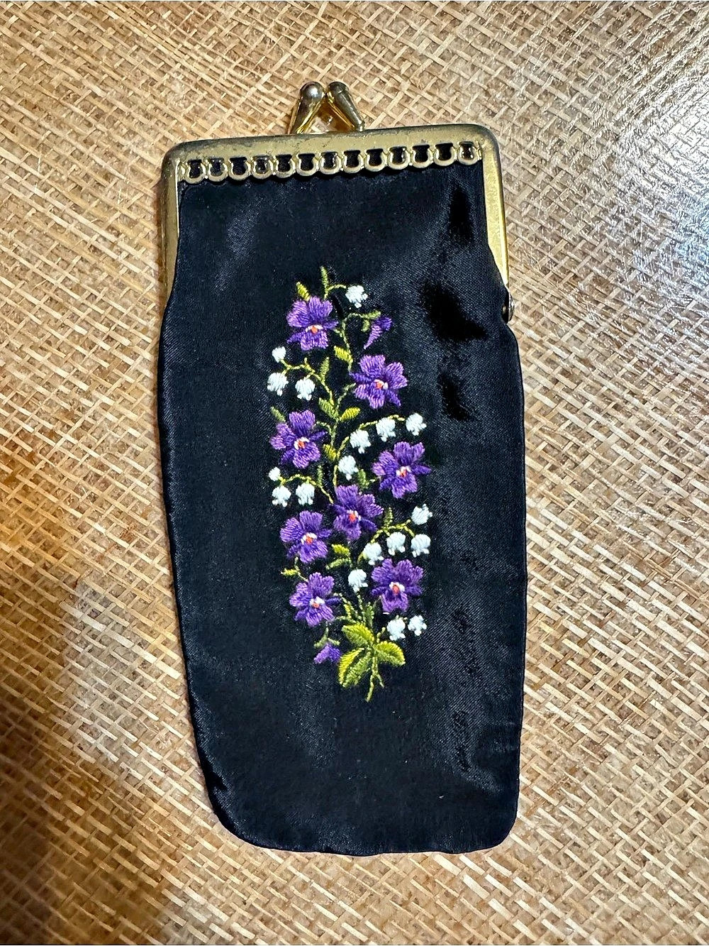 Vintage Black Satin Kiss-Lock Pouch Violet and Lily of the Valley embroidery